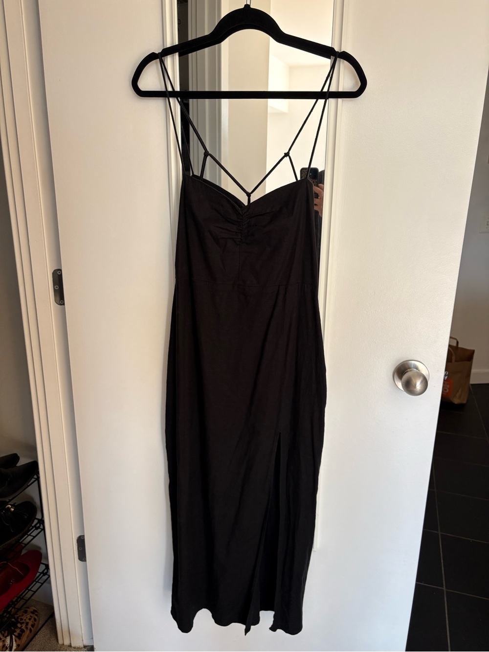 Zara Black Linen Strappy Midi Dress with Front Slit